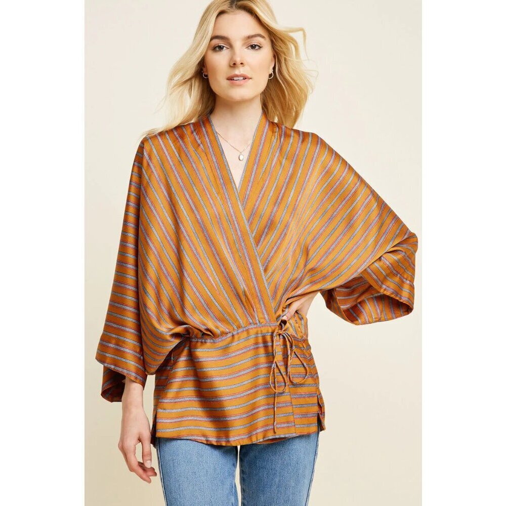Hayden LA Orange and Gray Striped Kimono Wrap Blouse | Size 3X